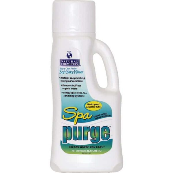 A white liter bottle of Spa Purge features a blue and green label, highlighting benefits like plumbing restoration, organic waste removal, and use with all sanitizing systems.