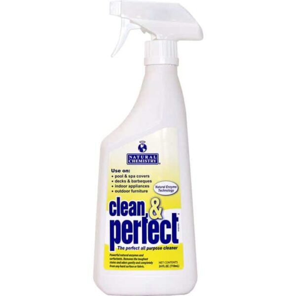 A white 22 oz. spray bottle labeled Clean & Perfect by Natural Chemistry features blue and yellow text, and lists uses for pool covers, decks, barbecues, and indoor appliances.