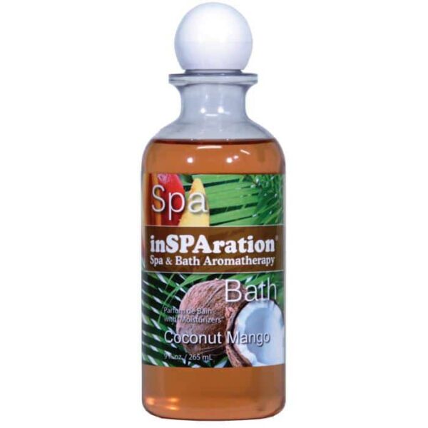 A clear bottle of inSPArations Coconut Mango Fragrance 9 oz, featuring coconut, mango, and green leaves on the label and topped with a round frosted cap.