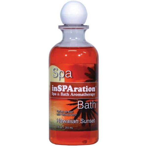 A 9 oz bottle of inSPArations Hawaiian Sunset Fragrance with orange liquid, a palm tree graphic on the label, and a round white cap.