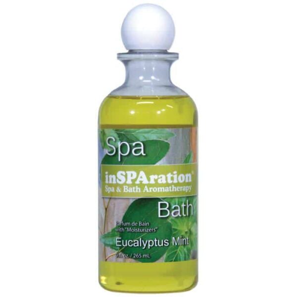 A clear bottle with a white round cap labeled “inSPArations Eucalyptus Mint Fragrance 9 oz.” The yellow-green liquid inside matches the label, which features green leaves.