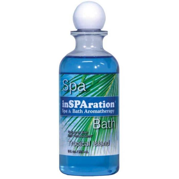 A 9 oz inSPArations Tropical Island Fragrance bottle with a palm leaf design and round white cap.