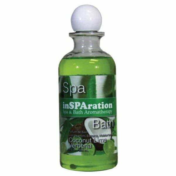 A clear bottle with a white spherical cap contains inSPArations Coco Lime Verbena Fragrance 9 oz, a green liquid labeled for spa and bath aromatherapy with coconut lime verbena scent, plus vitamins, extracts, and moisturizer.