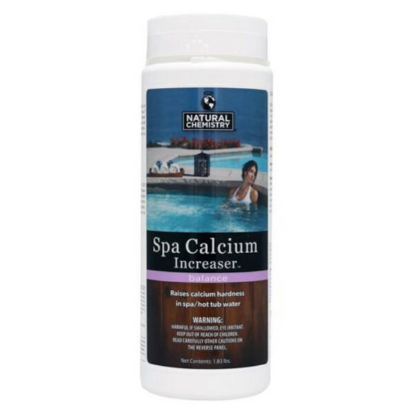A container of Calcium Hardness Up 1.825 LBS featuring a label with a woman in a hot tub; this product raises calcium hardness in spa or hot tub water and displays safety warnings.