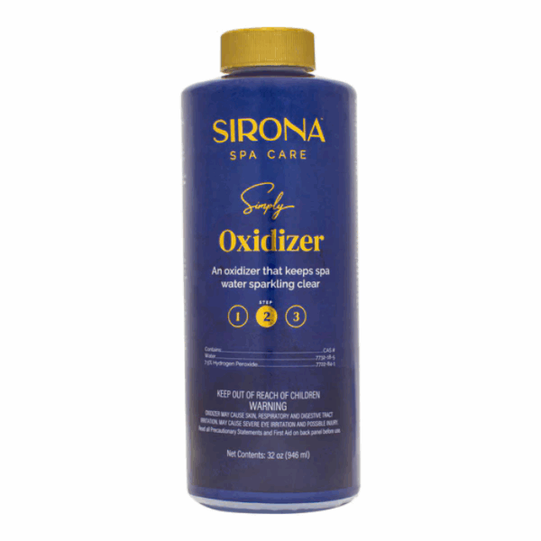 A blue bottle of Sirona Simply Oxidizer, a spa water treatment, features a yellow cap and a label with white and yellow text detailing usage instructions and safety information.