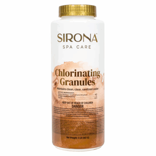 A white and gold container labeled Sirona® Chlorinating Granules keeps water clean and sanitized. The 2 lb (907 g) bottle warns to keep out of reach of children.