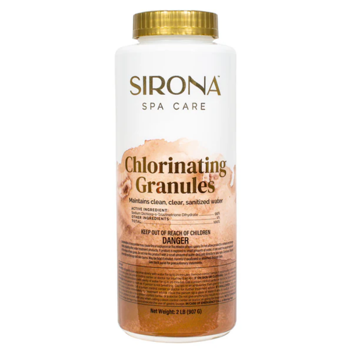 A white and gold container labeled Sirona® Chlorinating Granules keeps water clean and sanitized. The 2 lb (907 g) bottle warns to keep out of reach of children.
