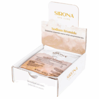 A white open box labeled Sirona Spa Care reveals a partially visible packet of Sirona® Sodium Bromide 2oz, showing the product name and details, which is used for spas.