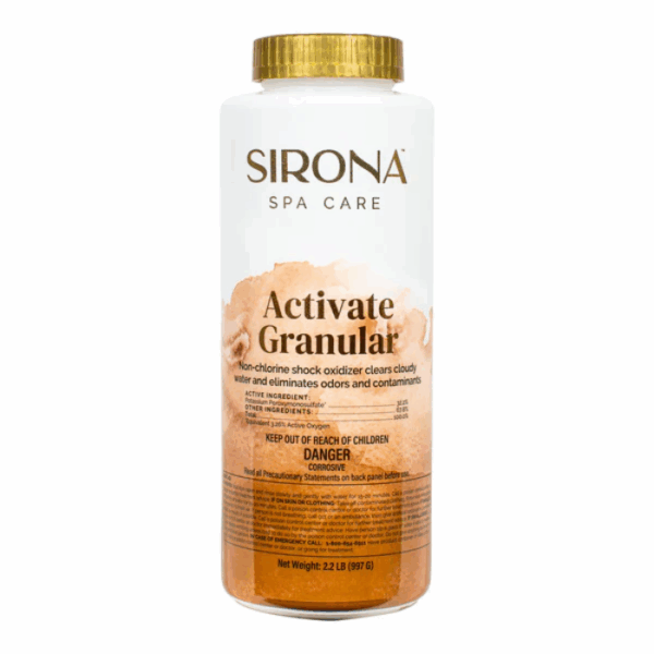 A white container of Sirona® Activate Granular 2.2#, a non-chlorine shock oxidizer for spas, with a gold cap and orange-brown label text. Net weight: 2.2 lb (997 g).