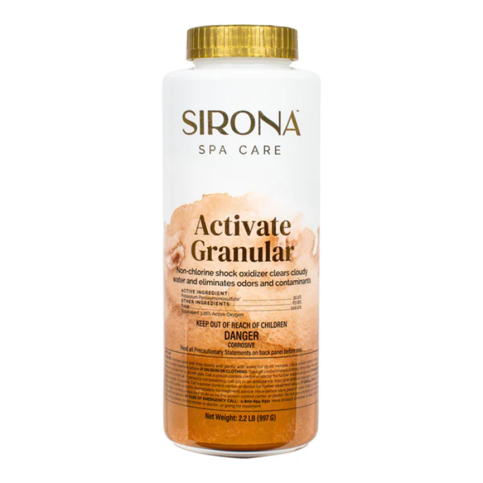 A white container of Sirona® Activate Granular 2.2#, a non-chlorine shock oxidizer for spas, with a gold cap and orange-brown label text. Net weight: 2.2 lb (997 g).