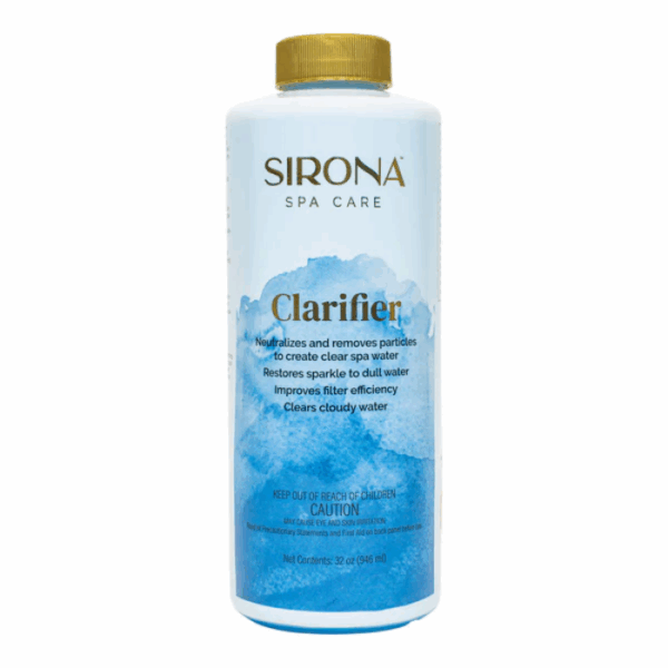 A 32oz Sirona® Spa Clarifier bottle with a gold cap, blue text, and water splash design on white, labeled to clear and enhance spa water.