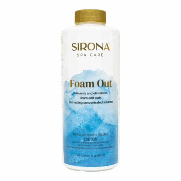 A white bottle of Sirona® Foam Out 32oz with a gold cap and blue graphics prevents and eliminates foam and suds. Contains 32 fl oz (946 ml) of fast-acting concentrated solution.