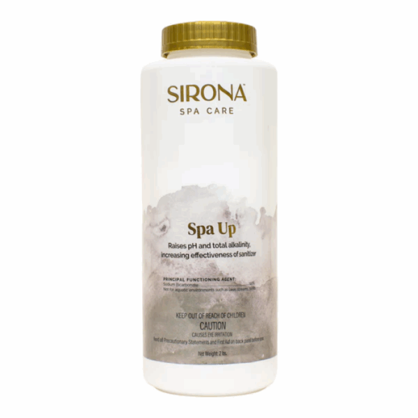 Sirona® Spa Up 2lb comes in a white plastic container with a gold cap and gray abstract design, featuring text that states it raises pH and total alkalinity for spas. Safety warnings are displayed at the bottom of the front label.