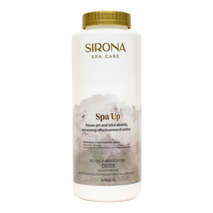 Sirona® Spa Up 2lb comes in a white plastic container with a gold cap and gray abstract design, featuring text that states it raises pH and total alkalinity for spas. Safety warnings are displayed at the bottom of the front label.