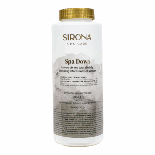 A white 2.5lb bottle of Sirona® Spa Down with a gold cap, labeled to lower pH and total alkalinity in spas, featuring safety warnings and usage instructions.