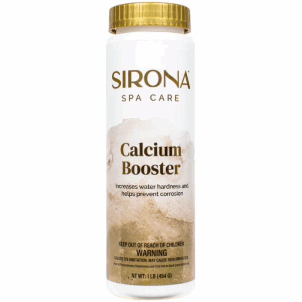 A white bottle of Sirona® Calcium Booster 1lb with a gold cap, labeled to increase water hardness and help prevent corrosion. Warning and product weight details are shown at the bottom.