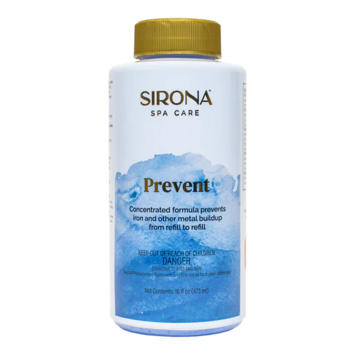 Sirona® Prevent 16oz is a concentrated formula that helps prevent iron and metal buildup in spas. It comes in a white bottle with a blue watercolor design, gold cap, and contains 16 fl oz (473 mL).