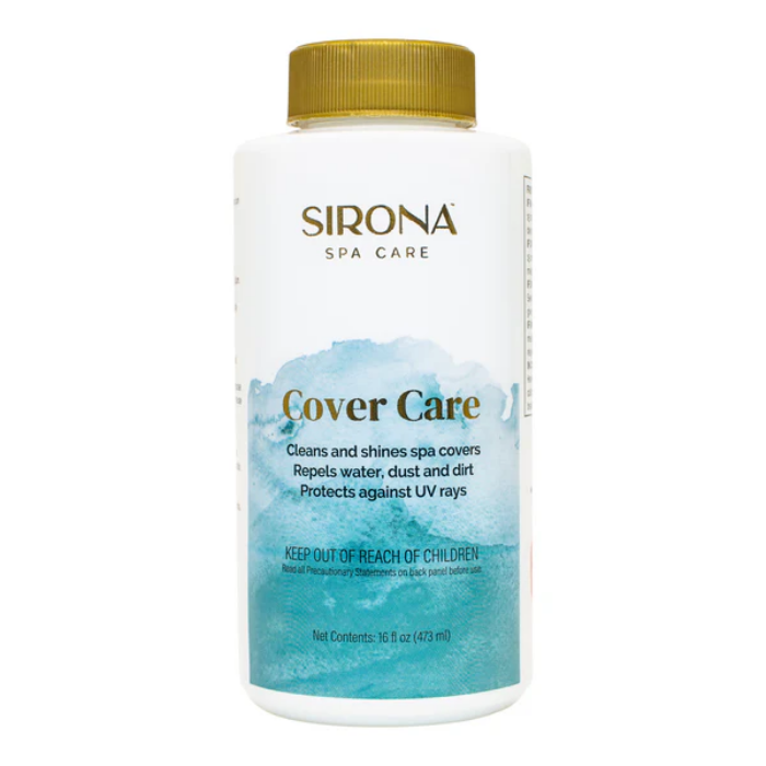 A 16oz white bottle of Sirona® Cover Care with a gold cap and blue watercolor design, used to clean and protect spa covers from water, dust, dirt, and UV rays. Net contents: 16 fl oz (473 ml).