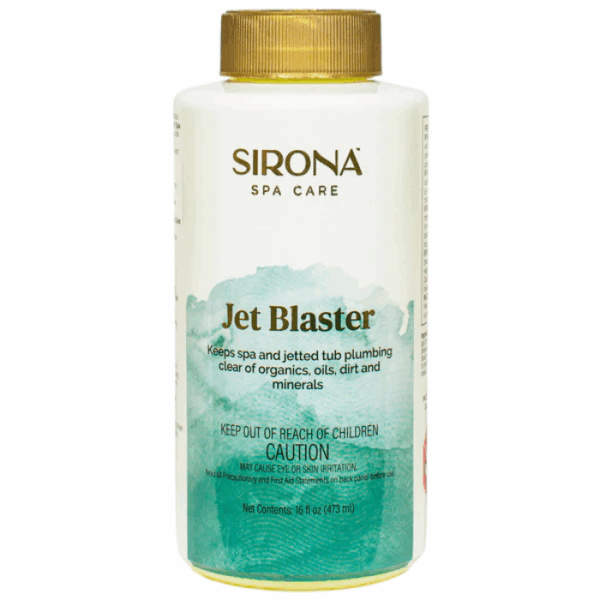 A 16oz bottle of Sirona® Jet Blaster, designed to clean spa and jetted tub plumbing. The green-and-white label displays product details and caution warnings, and the bottle features a brown cap.