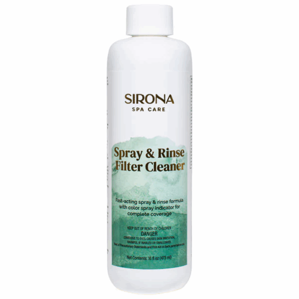 A white bottle labeled Sirona® Spray & Rinse Filter Cleaner with green and black text, featuring a fast-acting spray formula for cleaning spa filters.