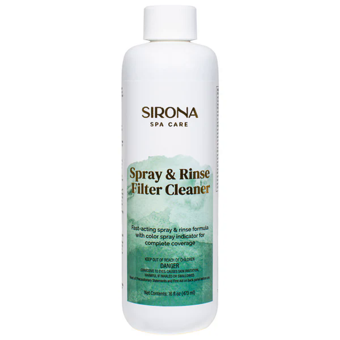 A white bottle labeled Sirona® Spray & Rinse Filter Cleaner with green and black text, featuring a fast-acting spray formula for cleaning spa filters.
