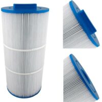 Two views of the CRTG 50 SQFT VITA PVT50 cylindrical pleated filter cartridge with blue end caps: one shows the full unit, the other highlights the top blue cap and pleated white filter surface from different angles.