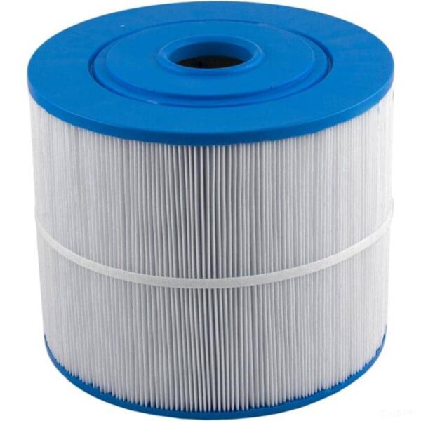 The Vita Spas 50 Sq Ft is a cylindrical pool or spa filter cartridge featuring pleated white material, blue plastic ends, and a central hole for easy installation.
