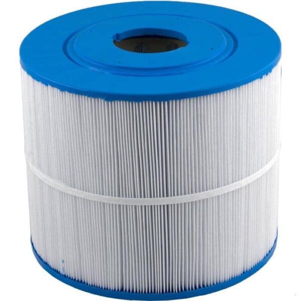 The Vita Spas 50 Sq Ft is a cylindrical, white pleated pool filter with blue plastic end caps and a hollow center, shown upright against a white background.