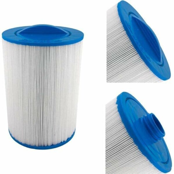 The Dynasty Spas 50 Sq Ft pool filter cartridge features white pleated material with blue plastic ends. Shown from the side, top (with handle), and bottom (with threaded connector).