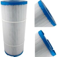 The CRTG 75 SQFT SUNDANCE is a cylindrical pleated pool filter cartridge with blue plastic end caps, shown fully and in close-up to highlight its pleated material and blue edges.