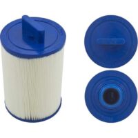 The Masters Spa 20 Sq Ft blue and white cylindrical filter cartridge is displayed from three angles: side view, top with handle, and bottom showing its circular opening.