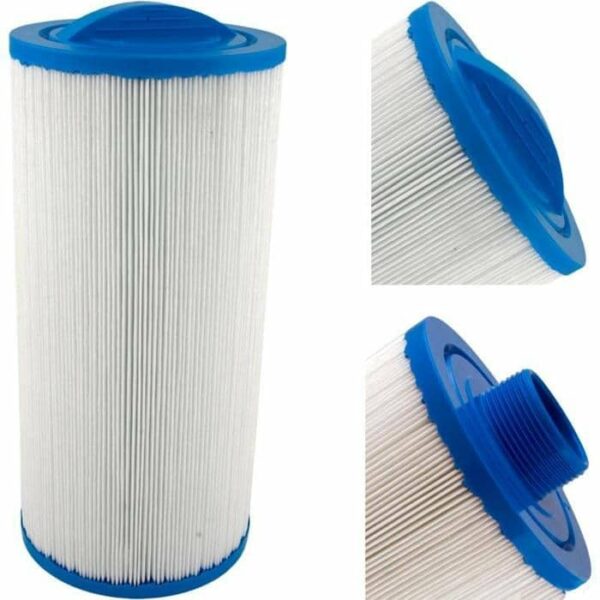 The After Hours Spas/Nemco Spas 25 Sq Ft filter cartridge features a cylindrical pleated design and blue plastic end caps, displayed from side, top, and bottom views.