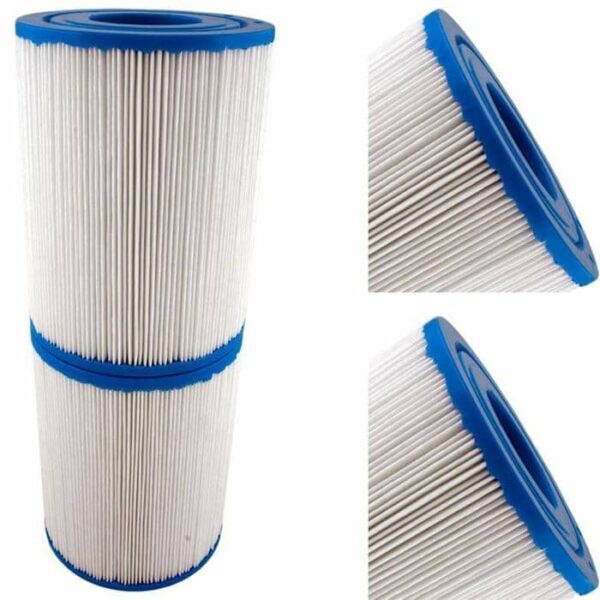 Two DSF-50 Skim Filter 50 Sq Ft filters (set of 2) with blue end caps are stacked vertically on the left, with two close-up angled views of similar filters on the right.