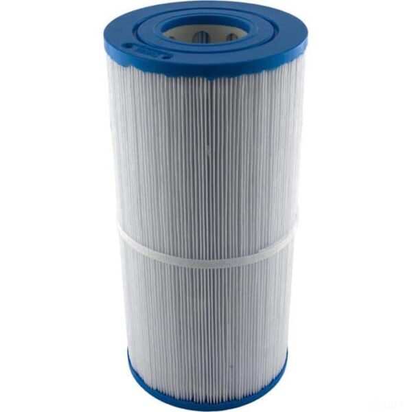 The Hydro Spas/Nemco 30 Sq Ft filter cartridge features white pleated material and blue plastic end caps, standing upright against a plain white background.