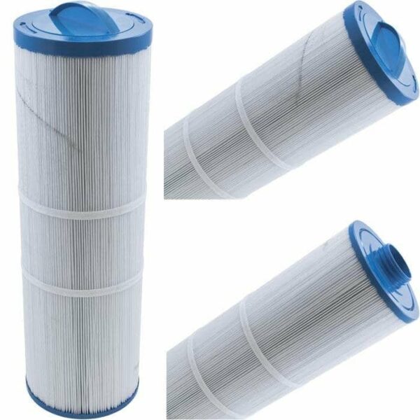 The Jacuzzi Premium J-400 75 Sq Ft is a cylindrical pool or spa filter cartridge with pleated white material and blue end caps, shown from multiple angles such as upright, side, and top-down views.