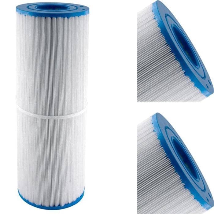 The Cal Spas 50 Sq Ft cylindrical pool filter cartridge features blue plastic end caps and white pleated filter material, displayed from the front and two angled views on a white background.