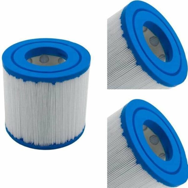 Three Waterway Skim Filter 10 Sq Ft cylindrical cartridges with blue end caps and pleated white filter material, displayed from various angles on a white background.