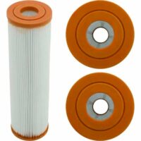 Rainbow Cluster Series 6 Sq Ft water filter cartridge with orange end caps, shown vertically from the side and in two top-down views that highlight its central circular openings.