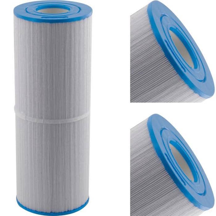 The Dynamic In-Line Series 50 Sq Ft is a cylindrical pool or spa filter cartridge with pleated white media and blue plastic end caps, displayed from a side view and two angled perspectives.