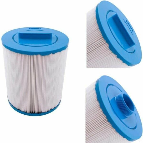 The Artesian Spas 35 Sq Ft pool filter cartridge features blue plastic ends and white pleated filter material, shown from the top, bottom, and side views.