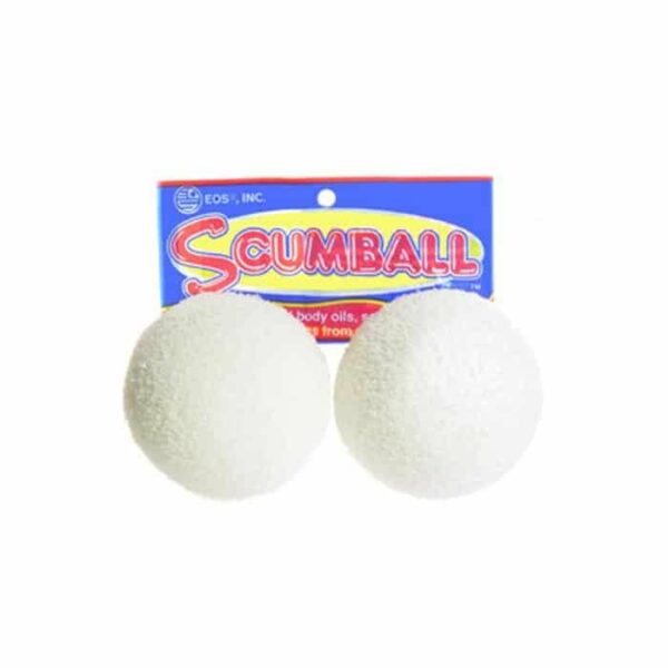 Scumball - 2 Pack: Two white textured balls in front of blue and red packaging, designed for pools and spas to absorb body oils and scum from the water’s surface.