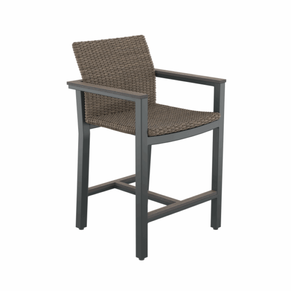 The Vail Spa Side Chair Brown features a woven brown seat and backrest, black metal armrests and legs, plus a footrest bar, all shown against a white background.