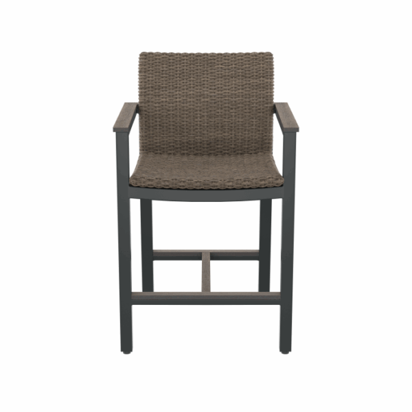 Front view of the Vail Spa Side Chair Brown, featuring a woven brown seat and backrest, dark metal frame with armrests and footrest, set against a plain white background.