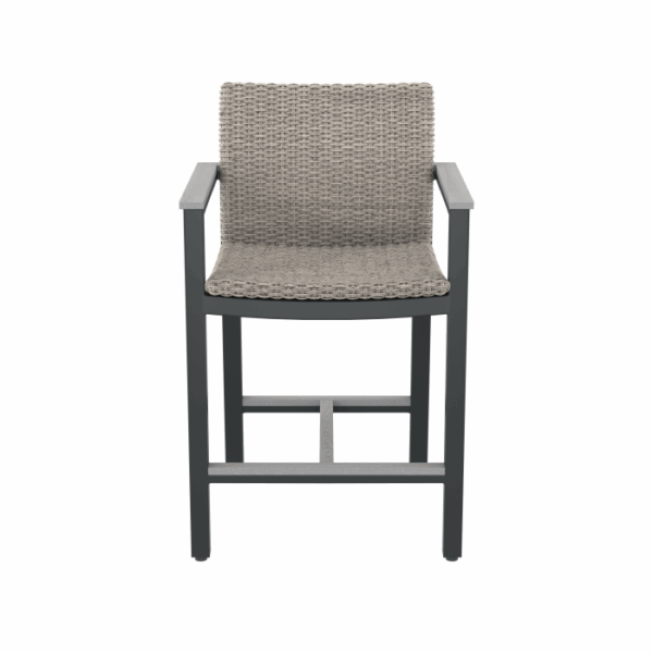 The Vail Spa Side Chair Grey features a woven grey seat and backrest, with sleek black armrests and legs plus a footrest. It is photographed against a plain white background.