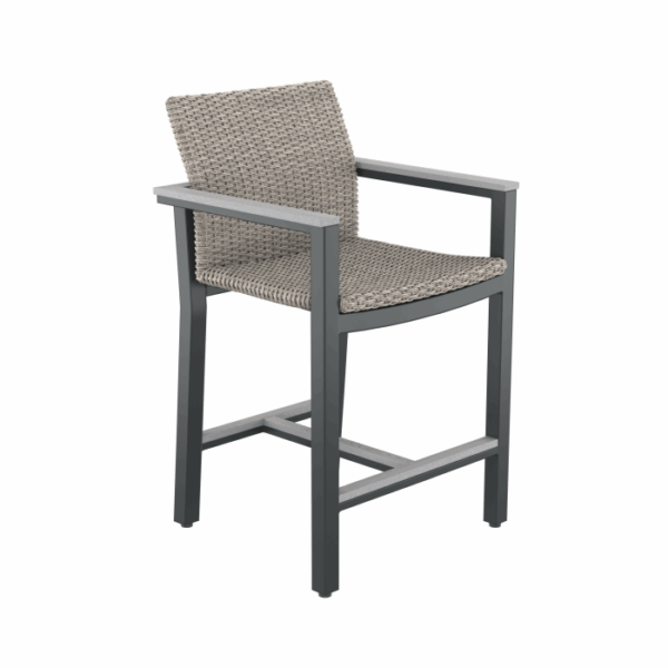 The Vail Spa Side Chair Grey features a woven beige seat and backrest on a sleek dark gray metal frame with armrests and footrest, displayed against a white background.