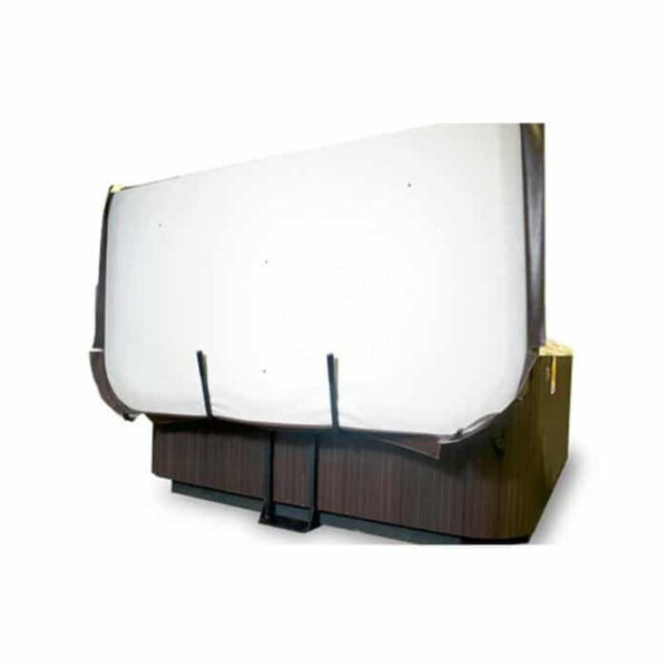 A large rectangular hot tub with a white Cover Rx by Cover Valet partially open, revealing a dark wood-textured exterior and black metal support bars.