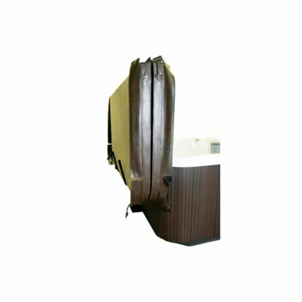 The Cover Lifter: Cover Rx by Cover Valet holds a brown insulated hot tub cover upright in a vertical position beside the hot tub.
