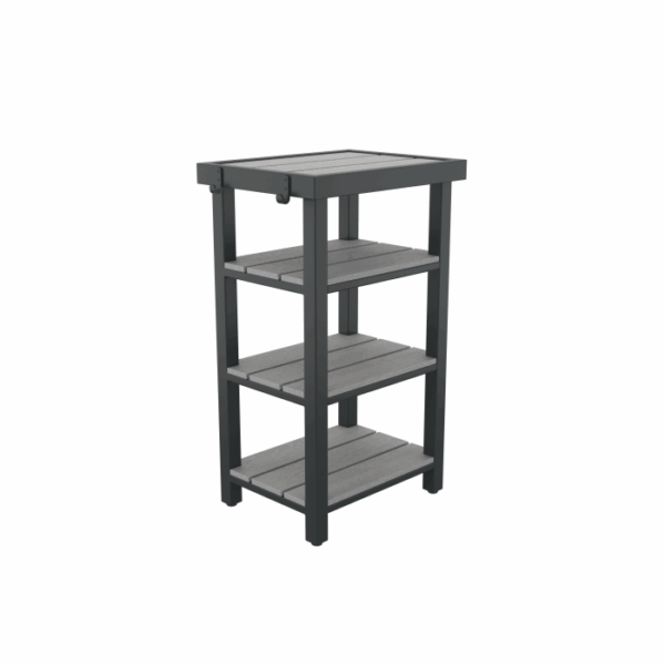 The Whistler Spa Side Caddy Grey is a compact, rectangular, three-tier shelving unit with a gray frame and slatted shelves, ideal for indoor or outdoor use. Displayed on a white background.