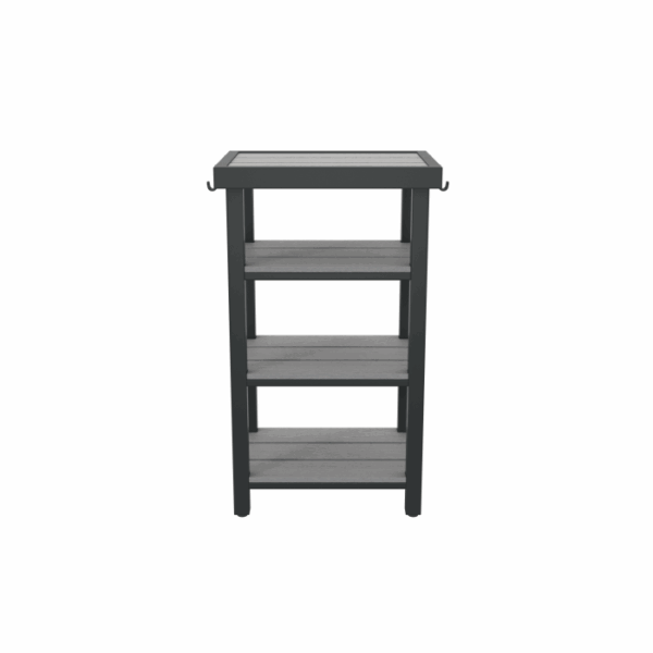 The Whistler Spa Side Caddy Grey is a compact, rectangular unit with three open gray shelves, a black frame, and side hooks. It stands upright and has no back panel for easy access.