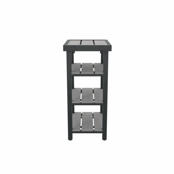 Front view of the Whistler Spa Side Caddy Grey, a three-tiered shelving unit with a simple black frame and gray slatted shelves, standing on four legs against a white background.